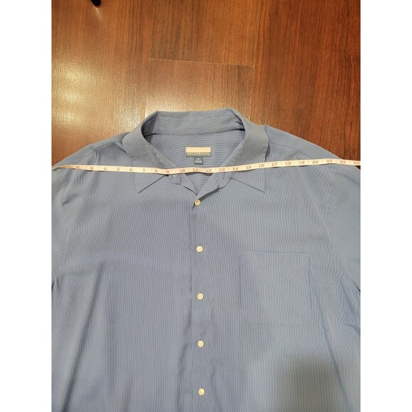 Button Up Short Sleeve Shirt Mens XXL Blue & White Micro Striped Collared Basic - Picture 4 of 7